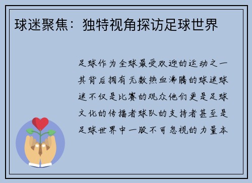 球迷聚焦：独特视角探访足球世界