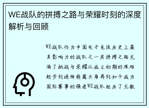 WE战队的拼搏之路与荣耀时刻的深度解析与回顾
